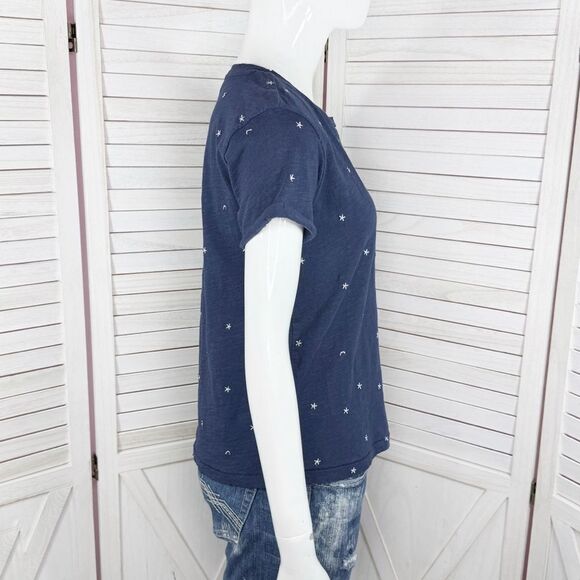 Lucky Brand Embroidered Stars & Moons Slub Tee Blue Silver Small - Picture 4 of 11